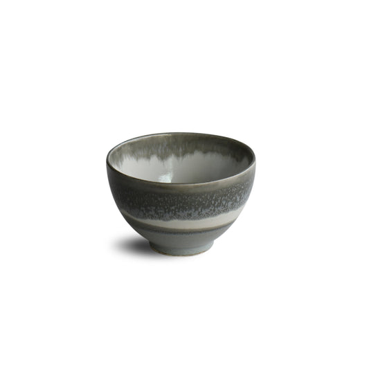 Back view of Yusui Stormy Moss matcha bowl by Shinko Kiln showing layered moss-grey glaze and organic surface texture