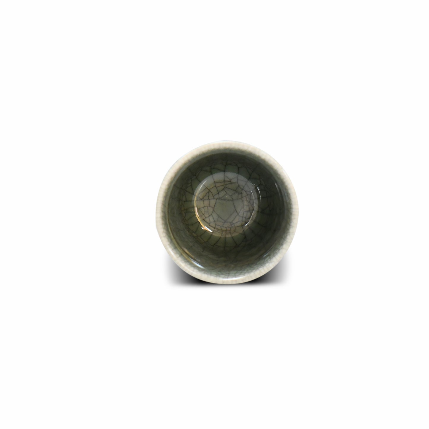 Inside view of Shume cup. Beatiful cracke. Beautiful light mos green and gray hue.