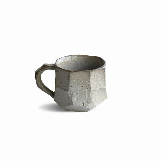 Back view of Japanese stoneware espresso mug with angular handle, Sehitsu series by Manabu Suehiro.