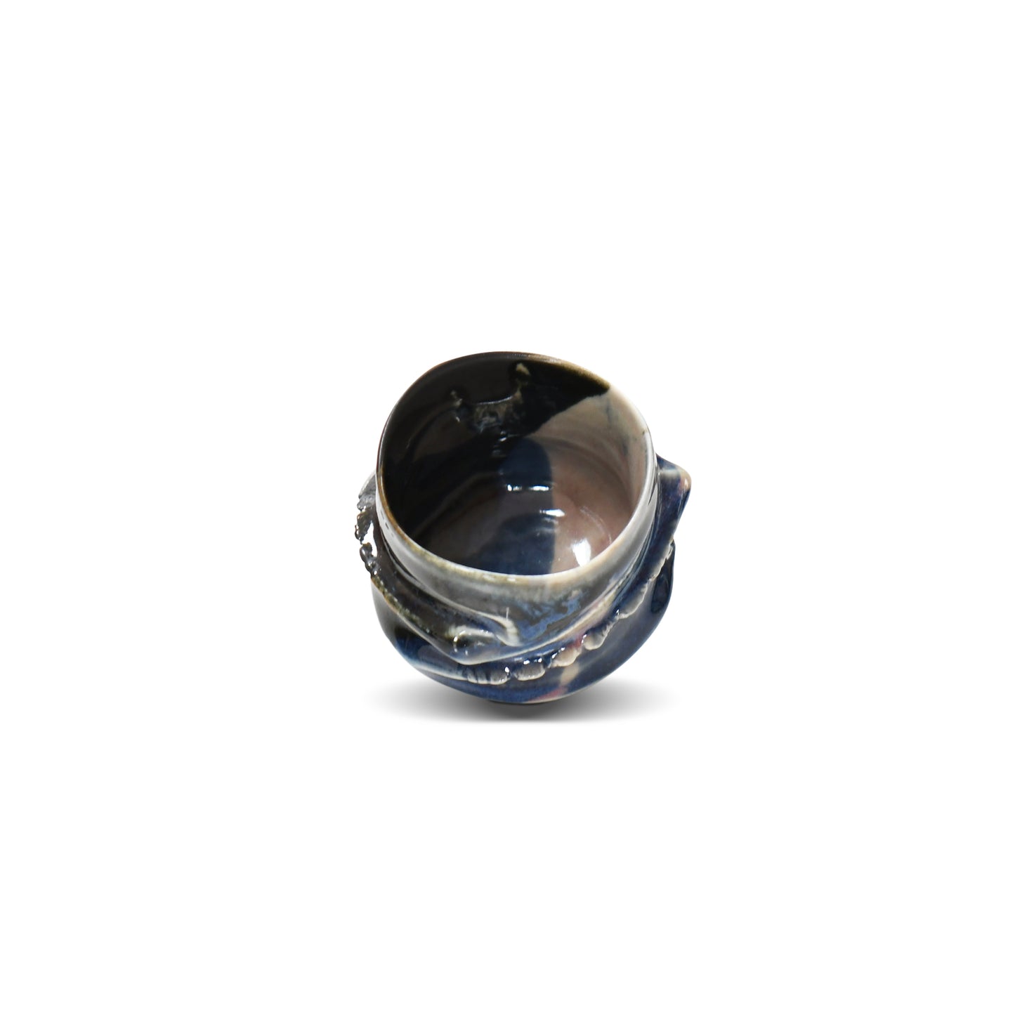 Inside view of Asato Ikeda Ensai guinomi with dark blue interior and organic rim in smoky gray hues.