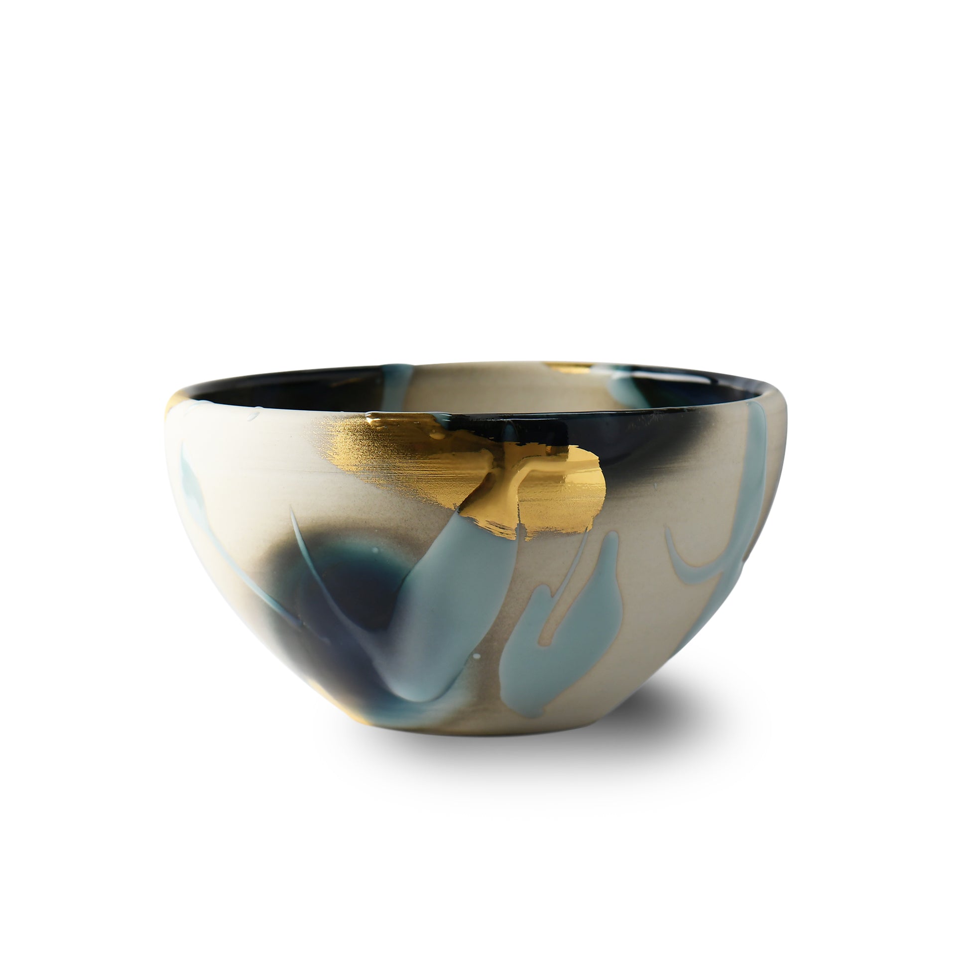 Rear view of Yoshu Takenishi’s Kage Ao bowl with layered glazes and soft color transitions.