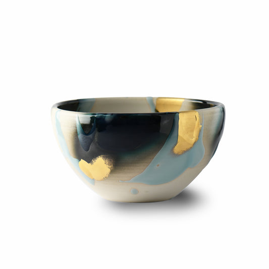 Front view of Kage Ao large ceramic art bowl by Yoshu Takenishi, featuring celadon glaze and bold gold accents.