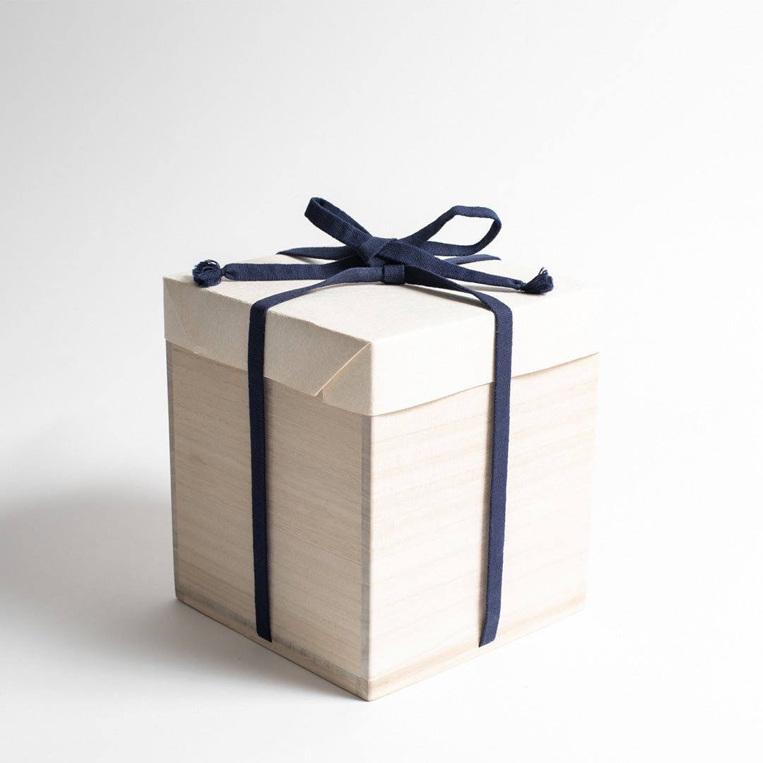 Wooden gift box tied with navy ribbon, traditional Japanese packaging for the Miyabi (雅) vase