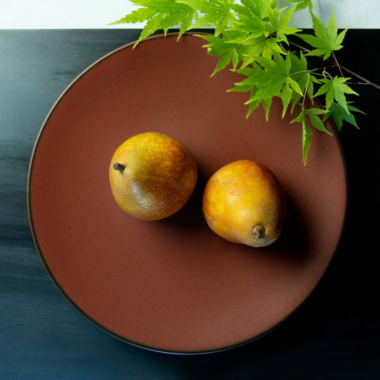 Deep red dinner plate with thin black outline at rim.