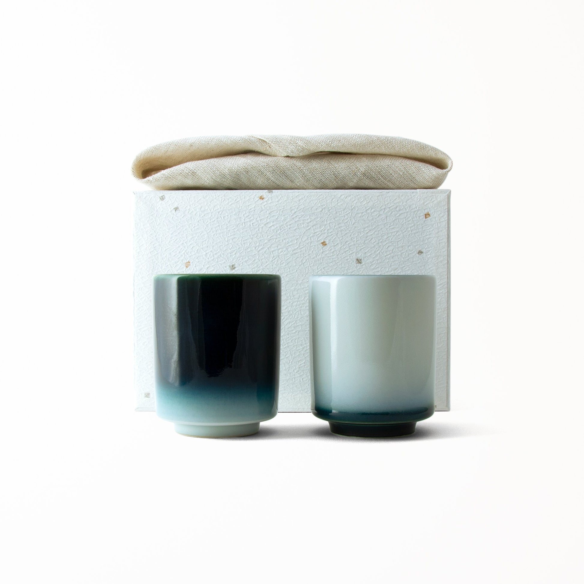 Two cup Japanese tea set, Joshua Blue with linen wrapped tea sampler, white washi covered box