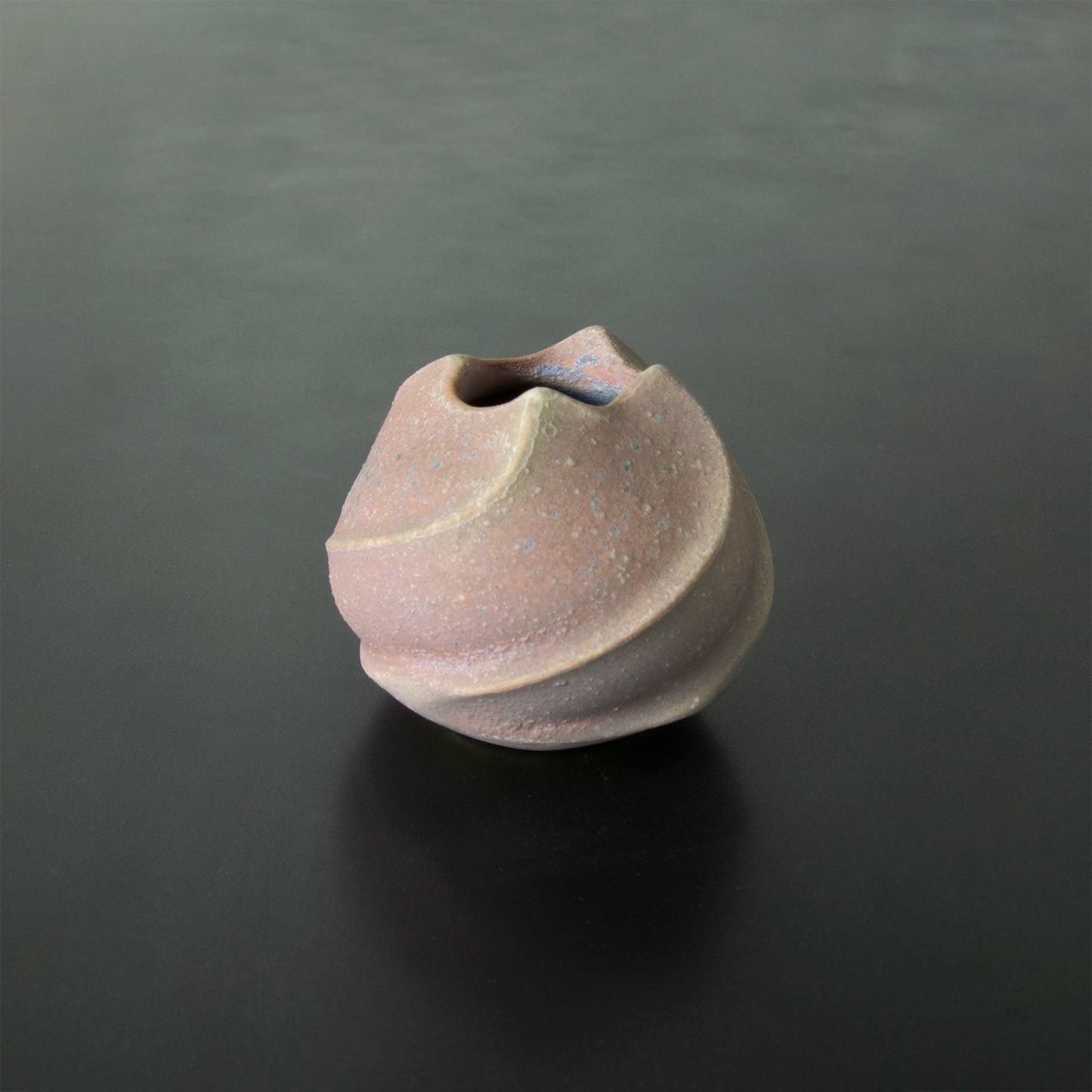 Handcrafted vase made in Japan Anagama Kinyo 5 matte texture subtle pink glaze hint of light blue. Extraordinary bud vase.