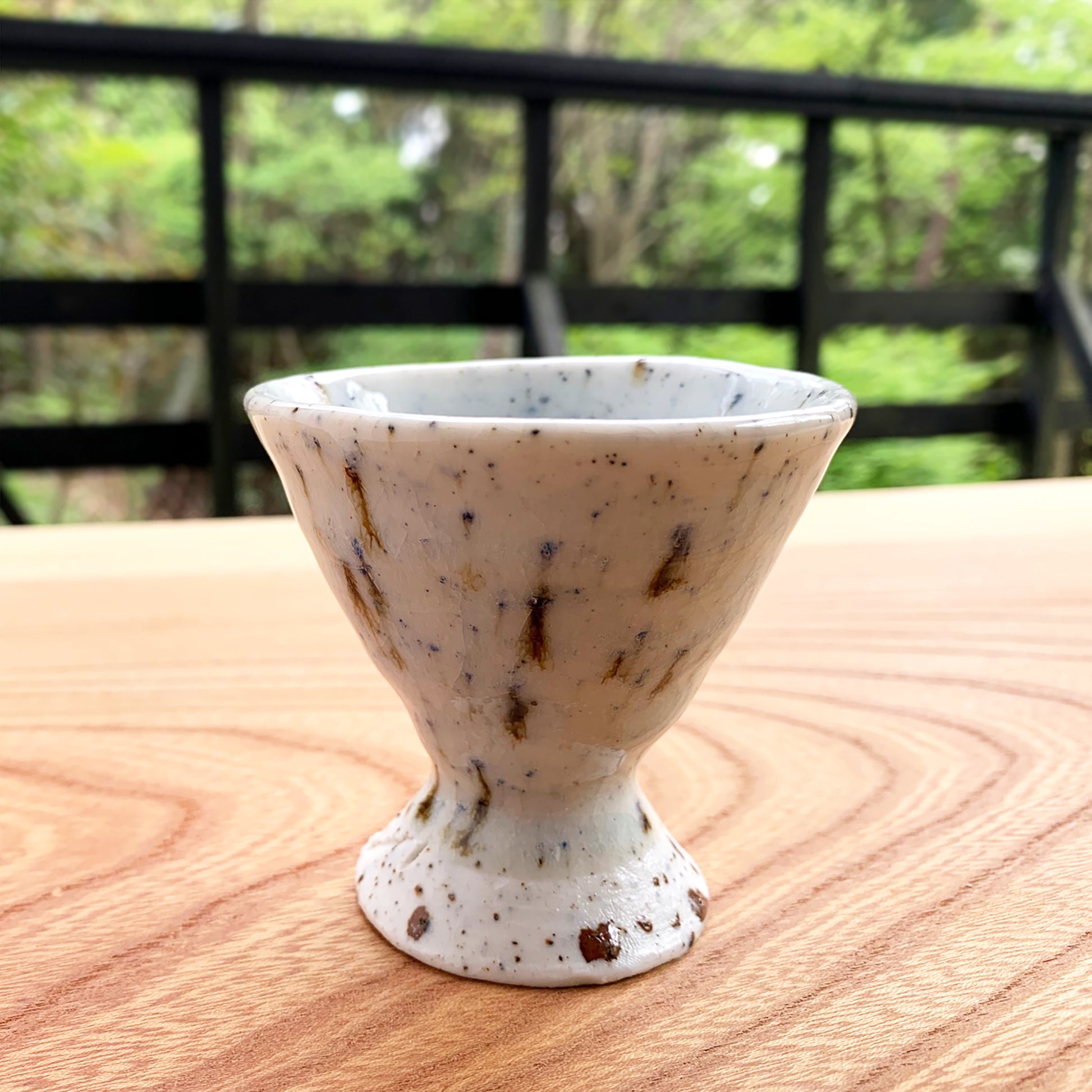 The side view of the cup on the wooden table at Kondo's back yard. It's stunning look in nature.