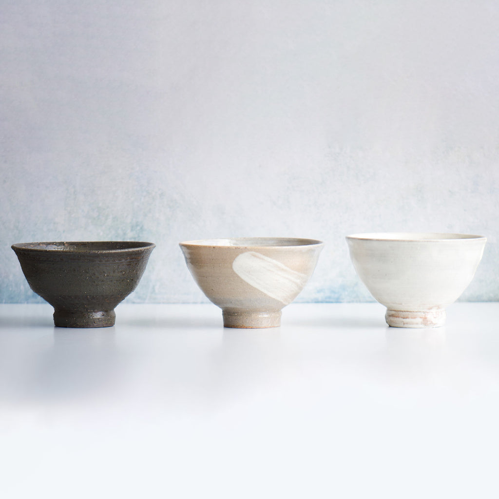 From the left; black bowl, hakeme brushed stroke bowl and off-white kohiki bowl