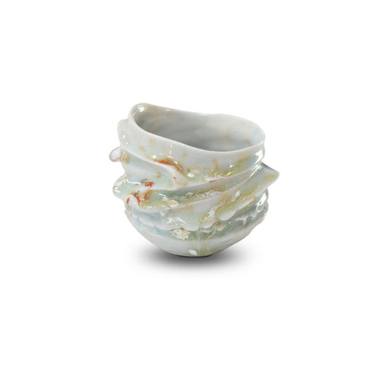 Ensai guinomi #1 back view – sculptural swirl shape with light orange and white glaze