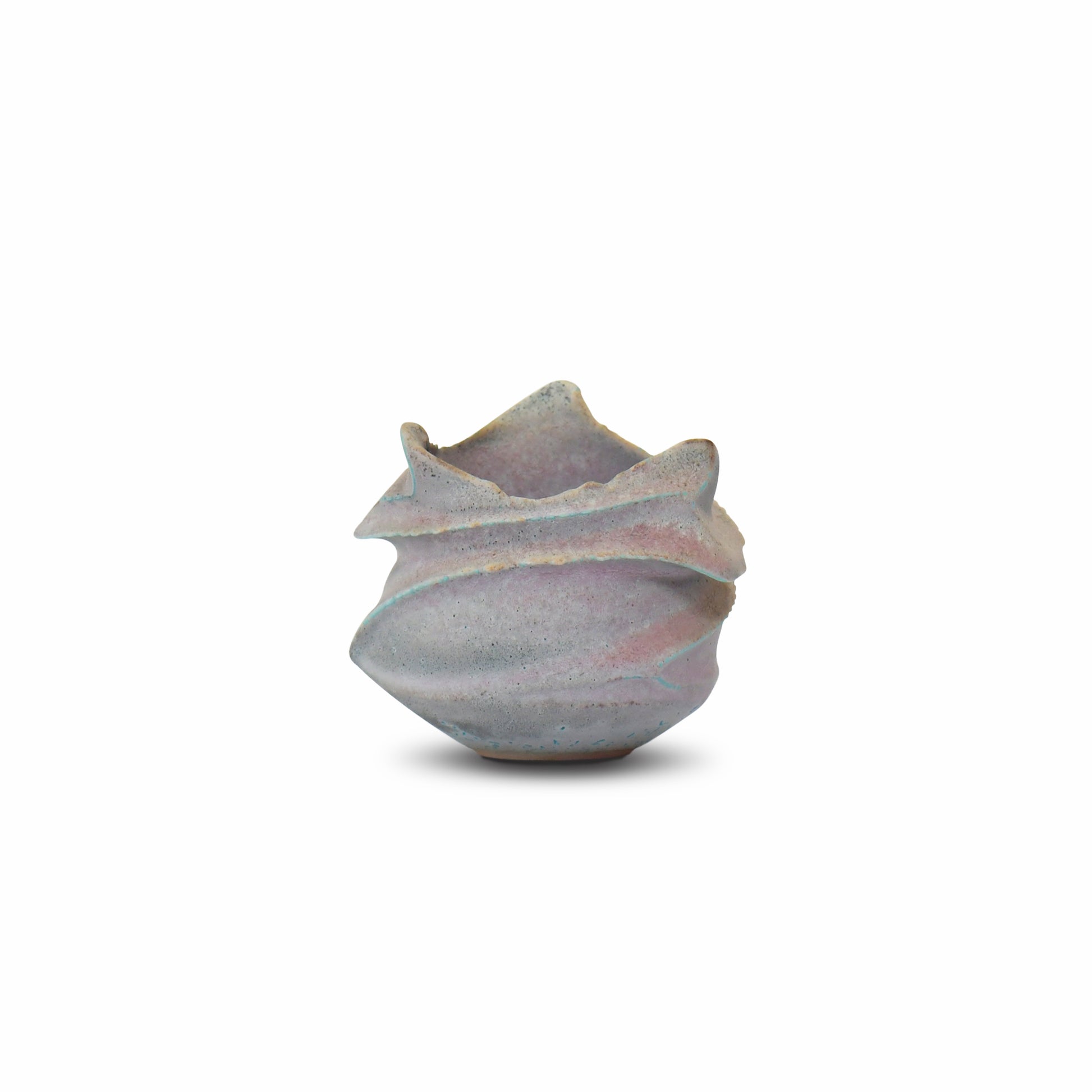 Sanroku Guinomi by Asato Ikeda — handcrafted Japanese sake cup with sculptural ridges and misty blue-gray glaze, fired in an anagama kiln.