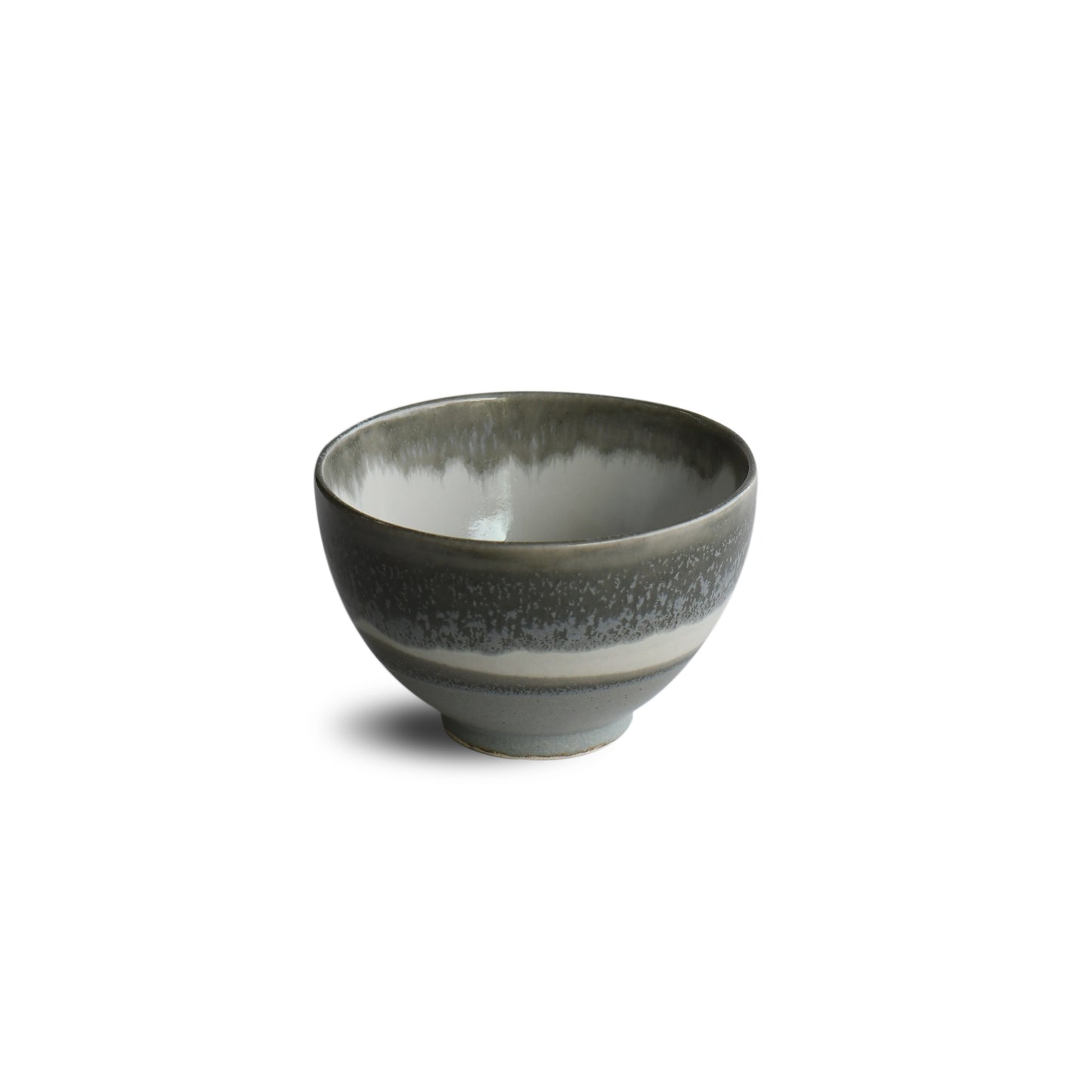 Back view of Yusui Stormy Moss matcha bowl by Shinko Kiln showing layered moss-grey glaze and organic surface texture