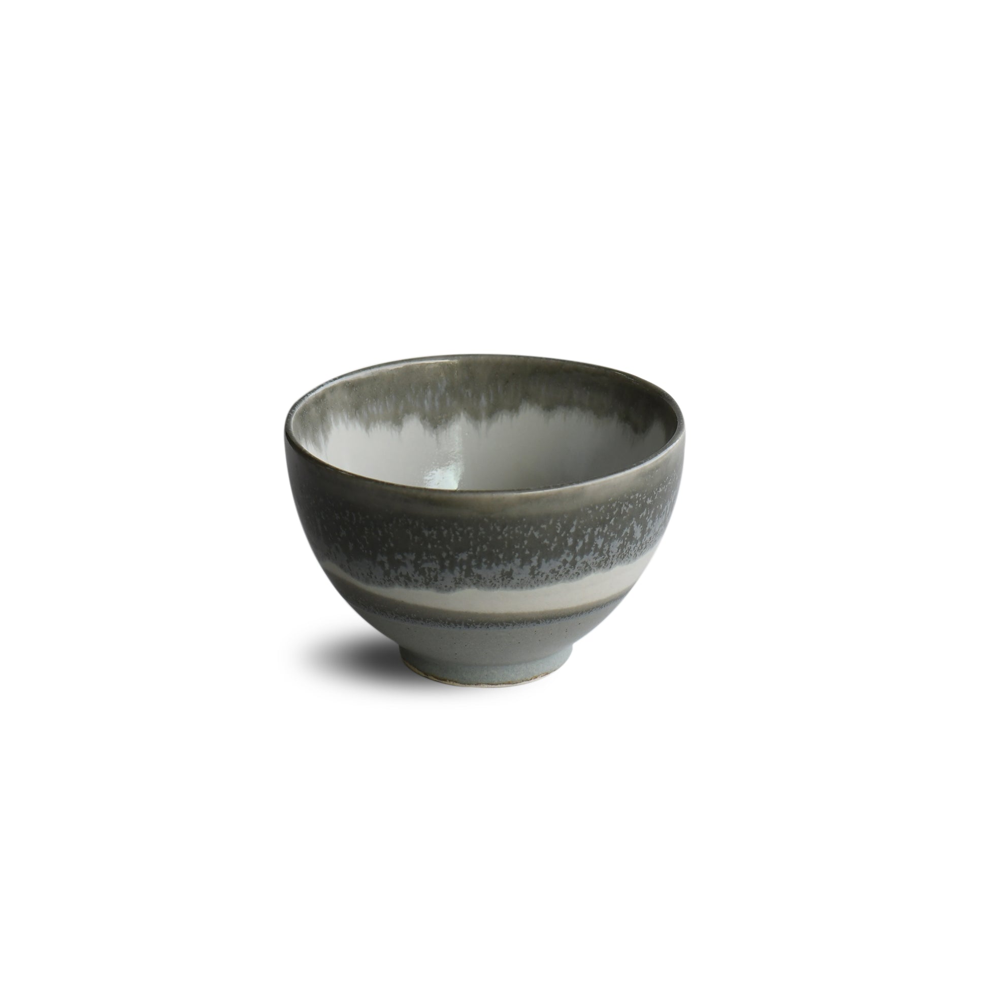 Back view of Yusui Stormy Moss matcha bowl by Shinko Kiln showing layered moss-grey glaze and organic surface texture