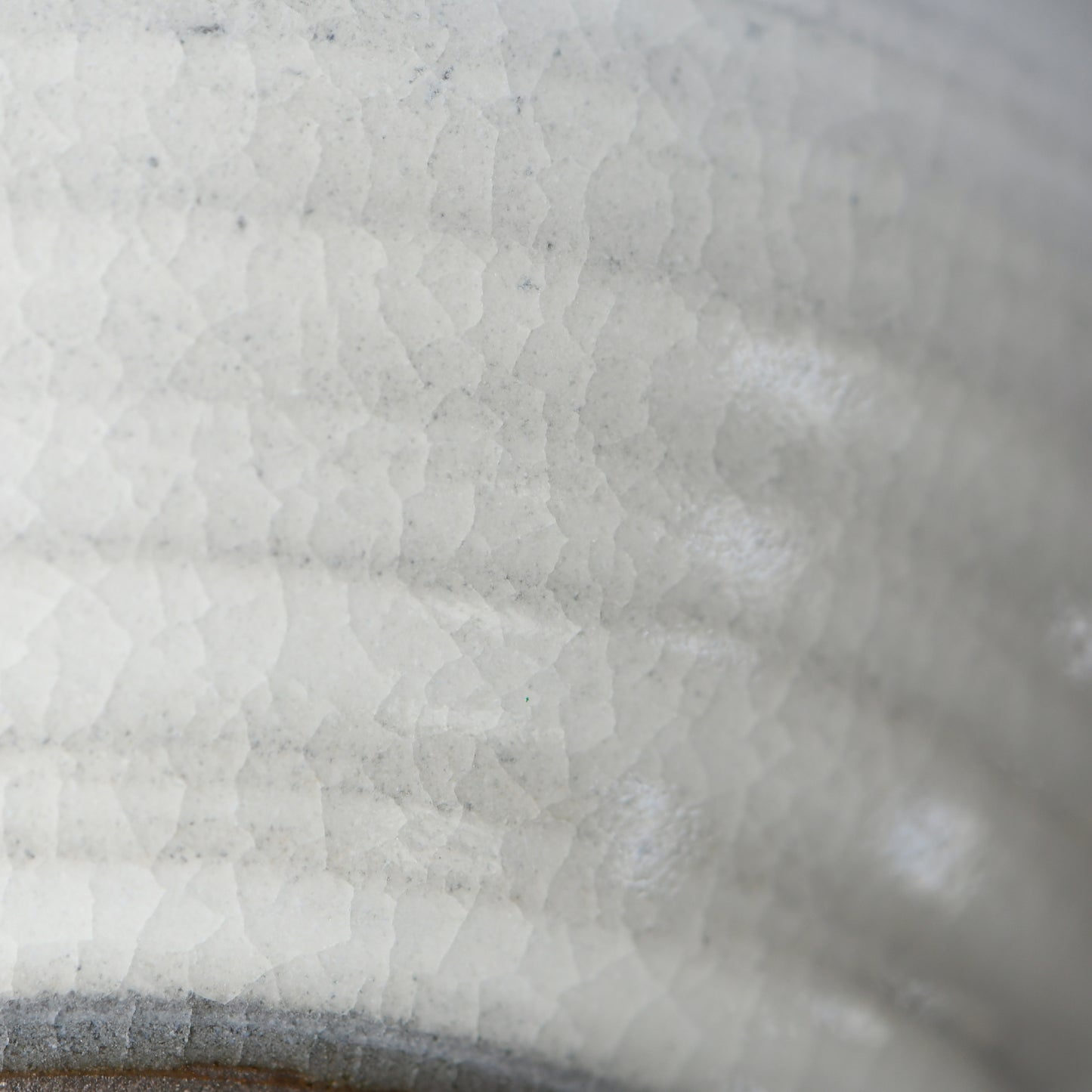 Close-up of Hakuei matcha bowl showing delicate crackle (kannyu) texture in ivory glaze