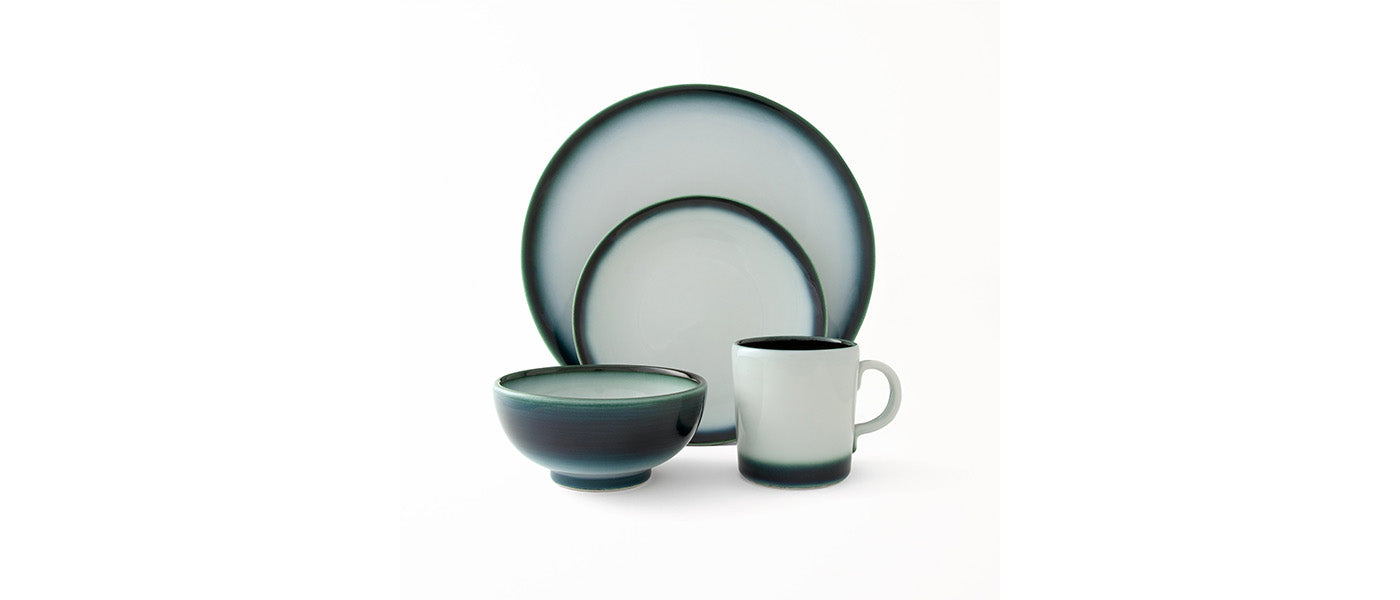White with blue edge dinnerware set. Japanese tableware. This set includes dinner, salad, bowl and mug. Elegant Japanese pottery.