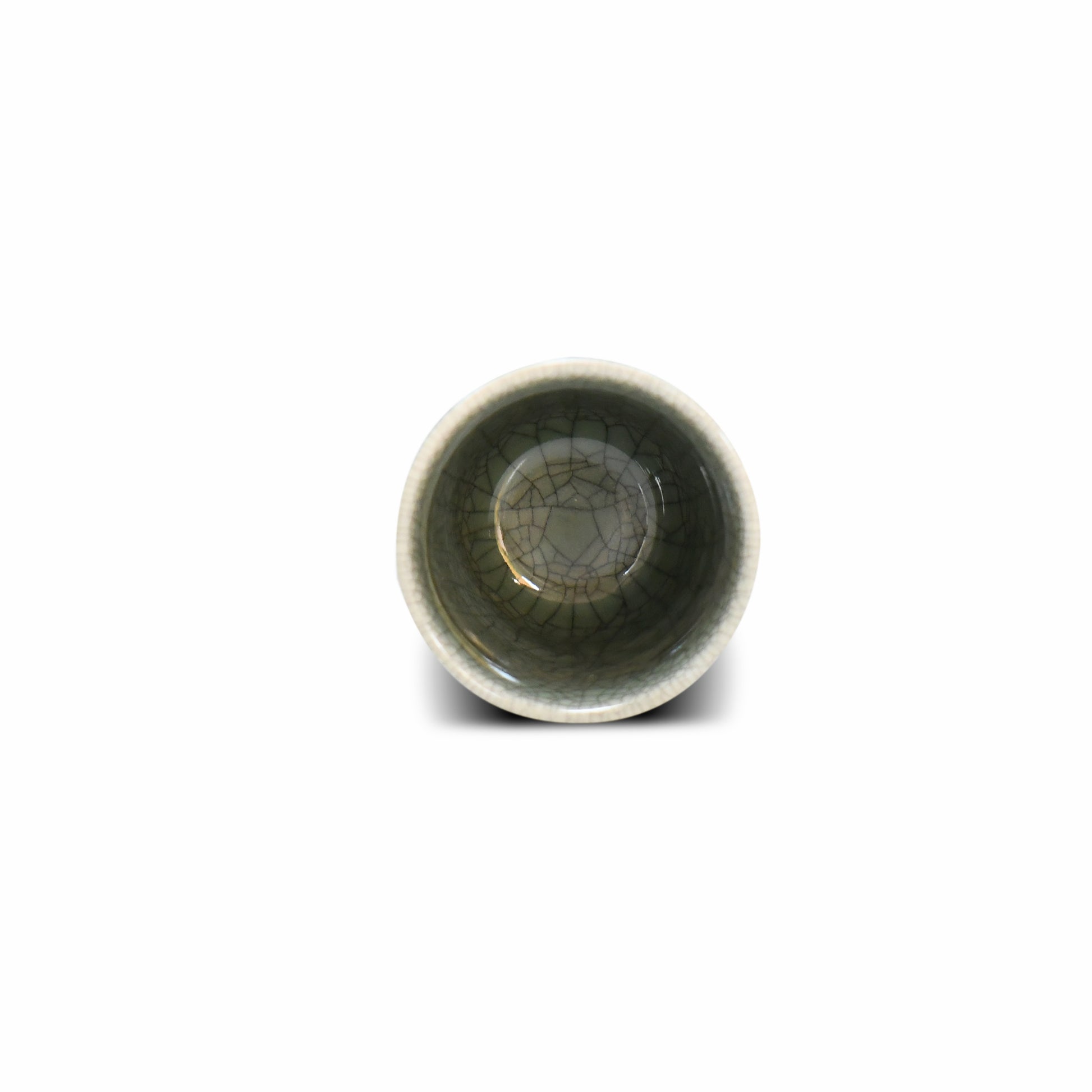 Inside view of Shume cup. Beatiful cracke.  Beautiful light mos green and gray hue.