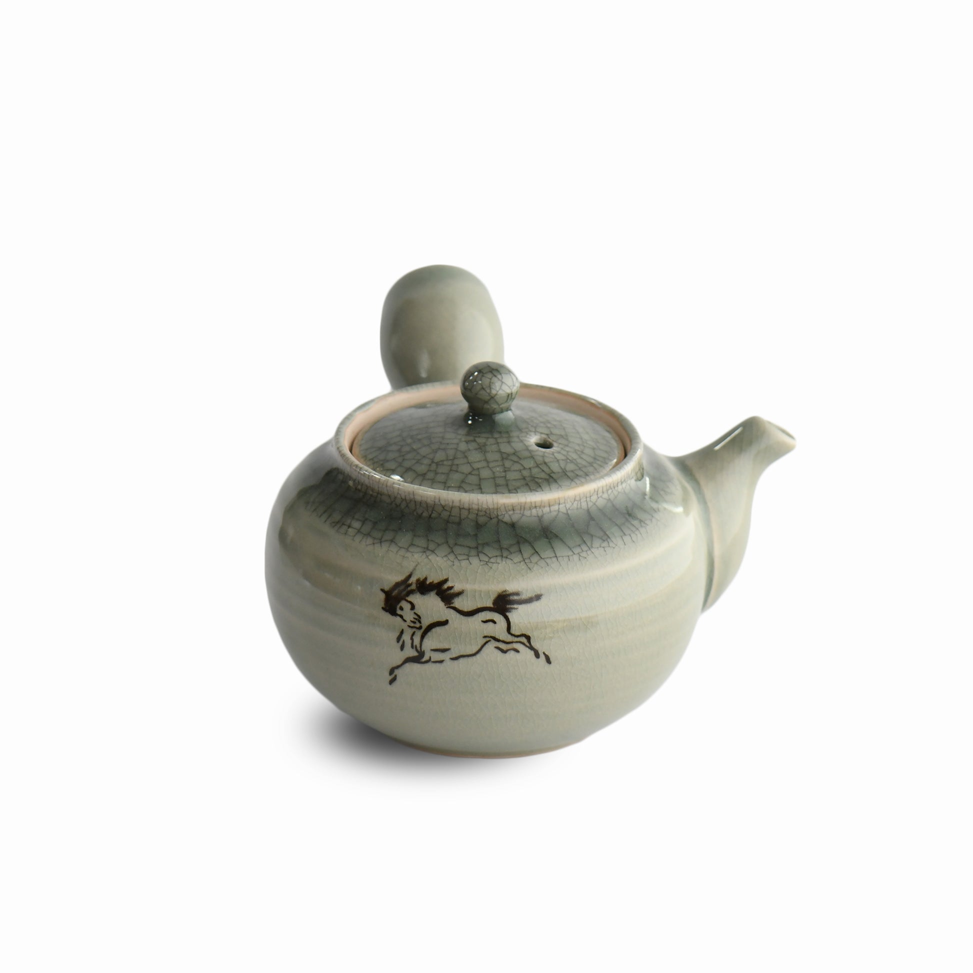 Handcrafted celadon Japanese teapot with hand-painted hidari-uma, horse motif by Shinichi Yamada, front view.