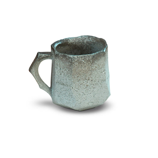 Angular stoneware mug inspired by ancient Japanese Sueki, created by Bizen master Manabu Suehiro.