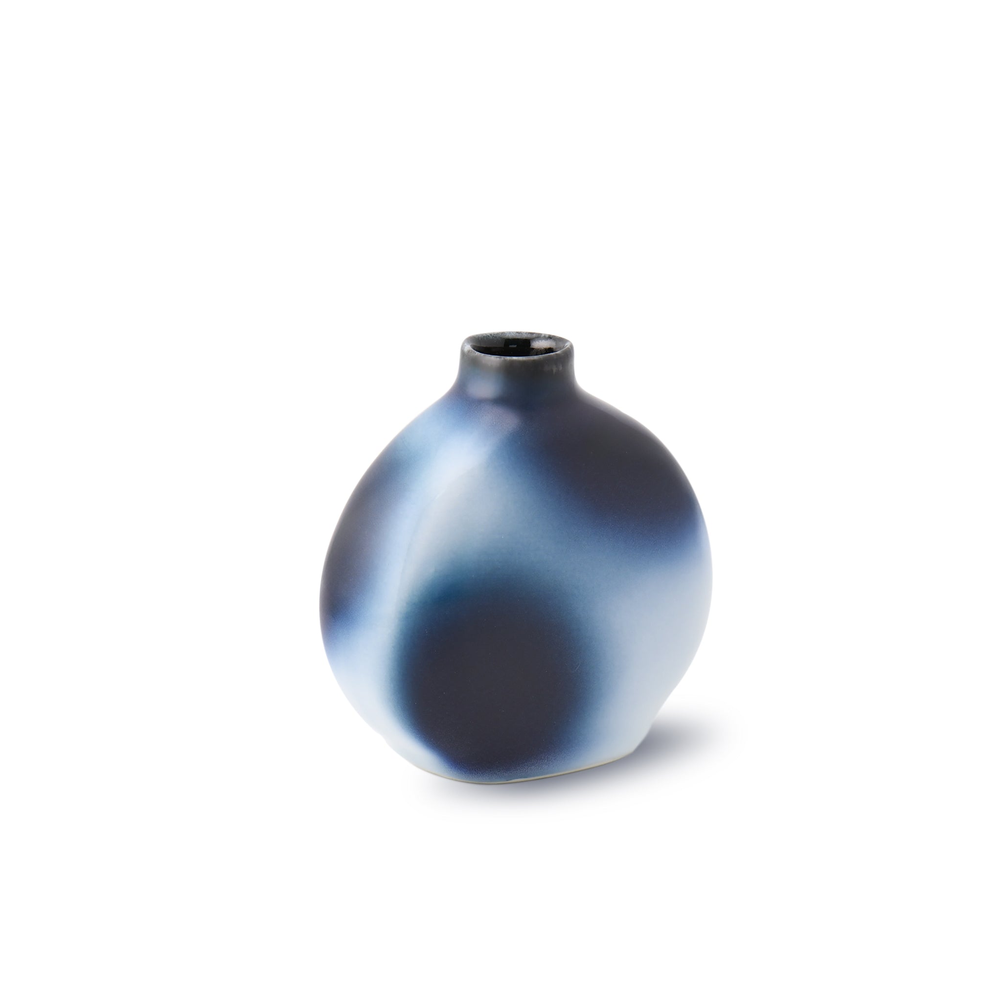 Back view of the same Rin Vase showing natural variations in the glaze, blending pale blue and white hues.