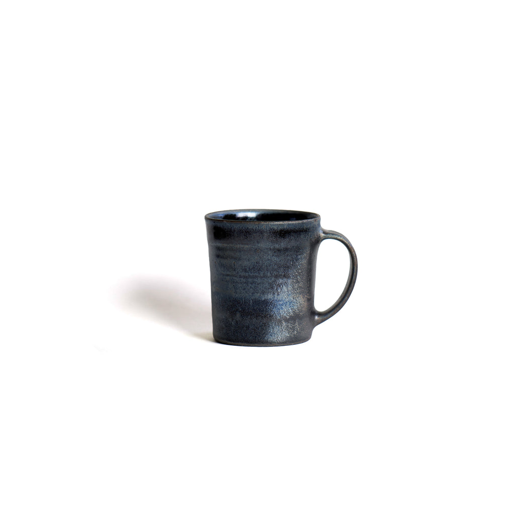 Handmade artisan mug by Hideki Yamashita in almost black dark navy color with silver hint. Japanese tableware. Modern. Zen feeling.