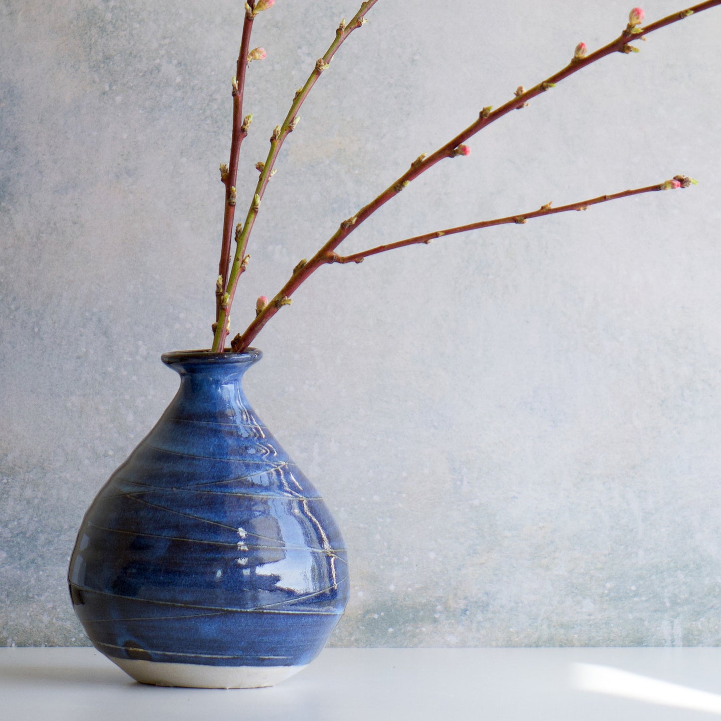 Blue ceramic vase with a branch on a light gray background