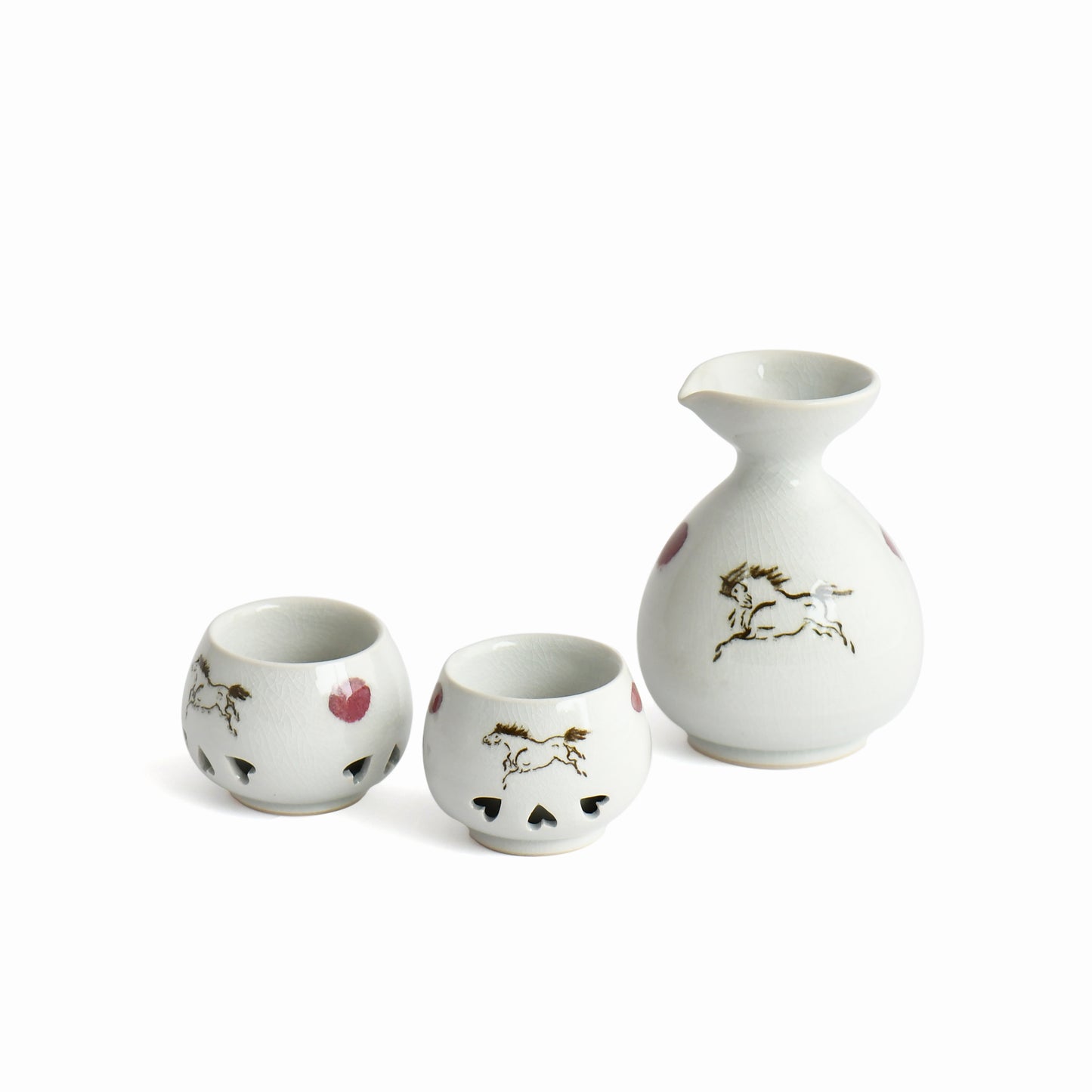 Shunme white sake carafe and guinomi set with horse motif, Soma ware Japan.