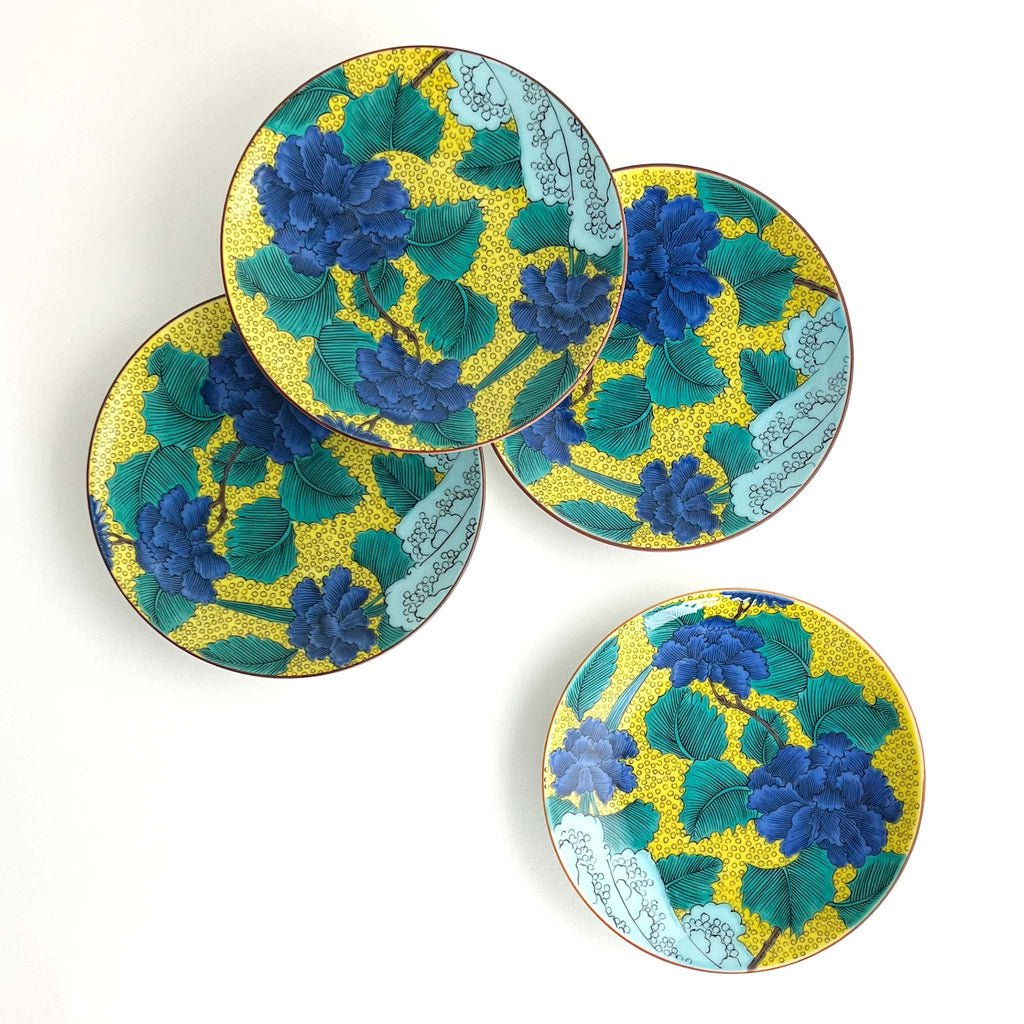 Set of 4 accent plates - rich blue peonies and green leaves