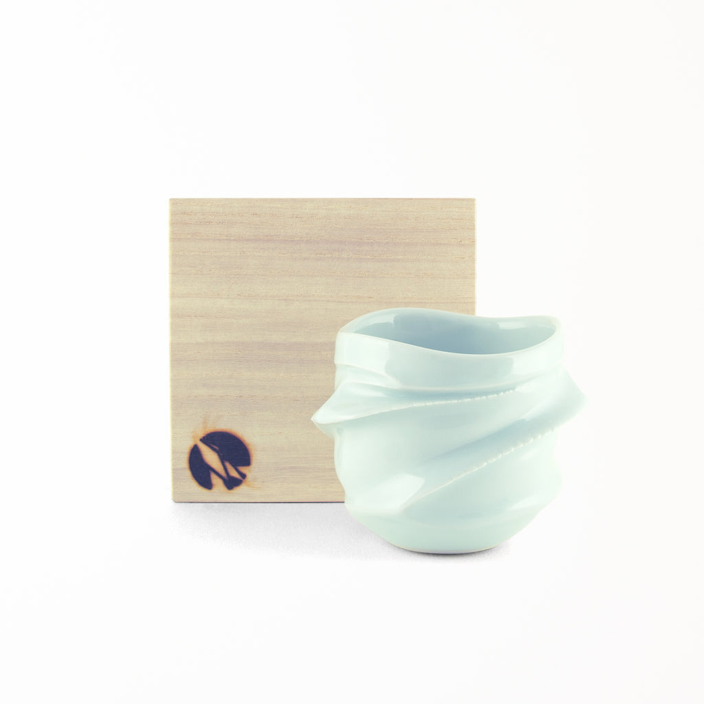 Japanese sake cup Gladdy's Sounds original swirl type design packaged in a wooden box