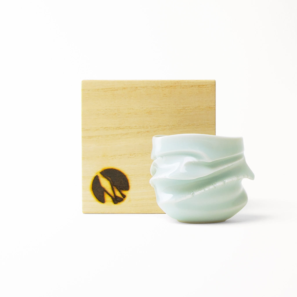 Japanese small sake cup Gladdy's Sounds original swirl type design elegantly packaged in wooden box