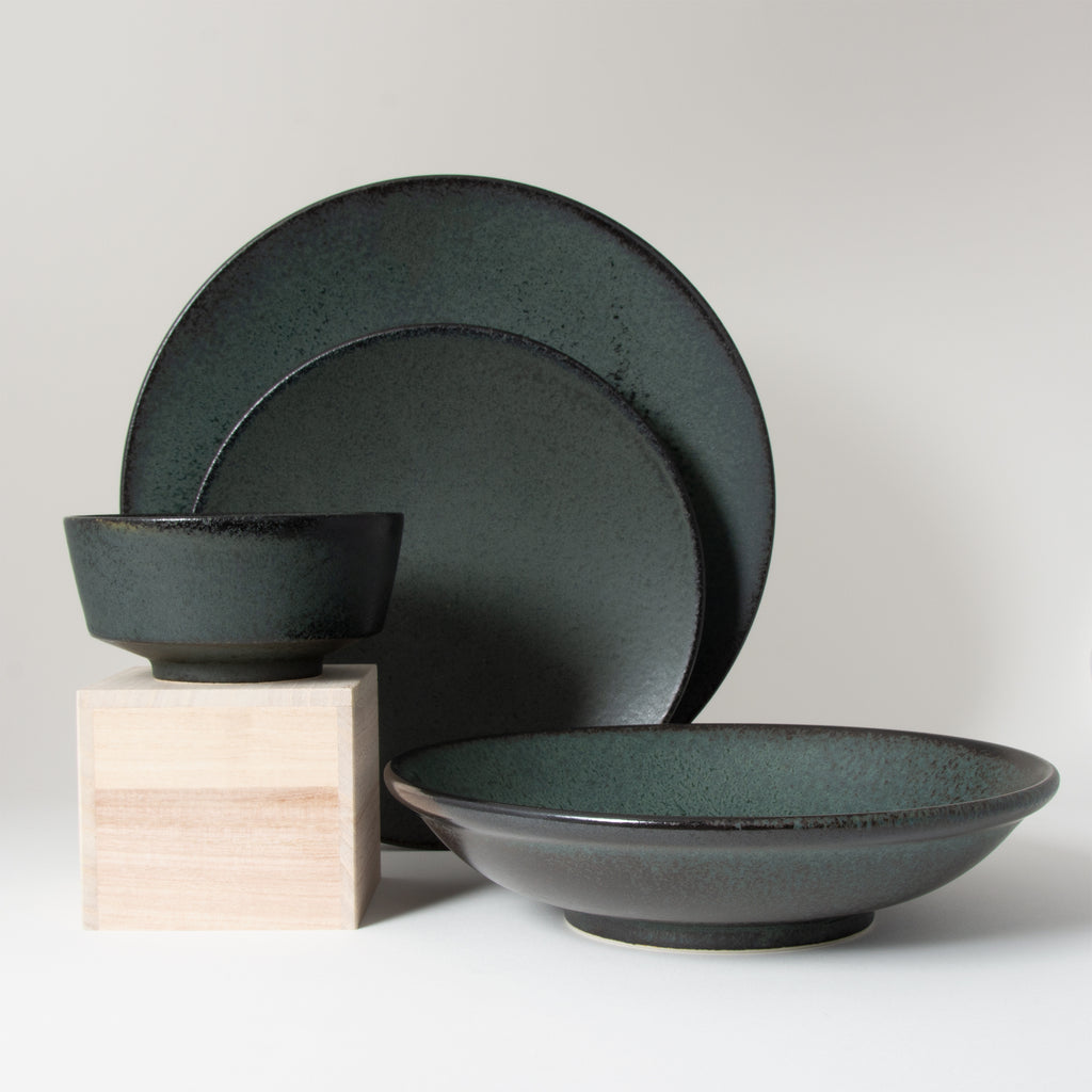 Koku 4-piece modern japanese tableware simple clean grey-black glaze dinner and salad plate, pasta and rice bowls.