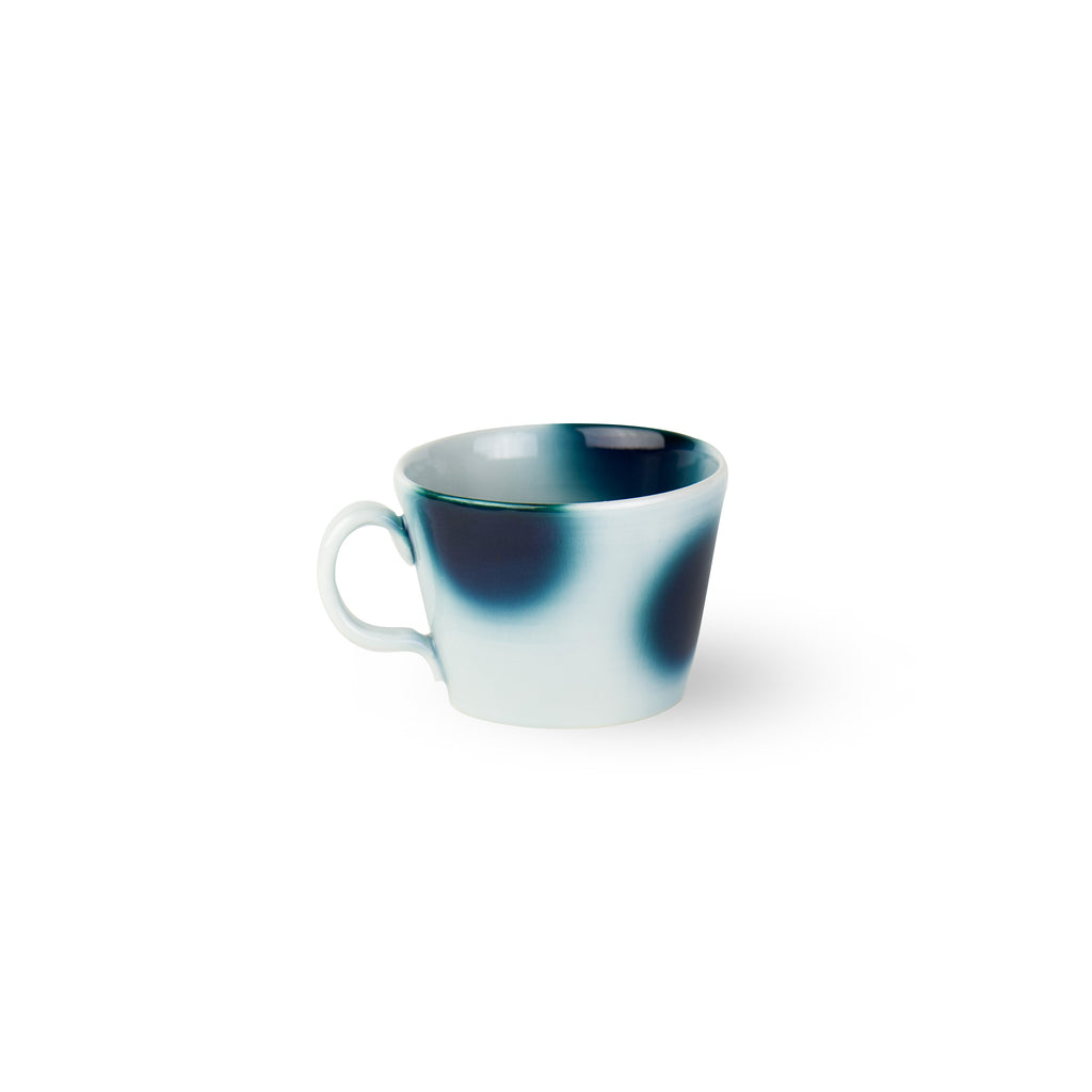 White based blue large circular dot design mug. Slightly wider open. Japanese tableware. Modern ceramic and handmade.