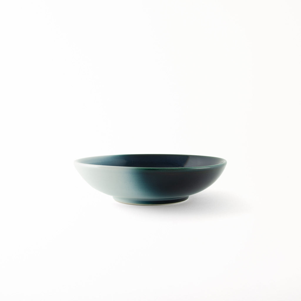 Contemporary Japanese tableware Seto Blue pasta bowl glossy white glaze diffusing to deep blue