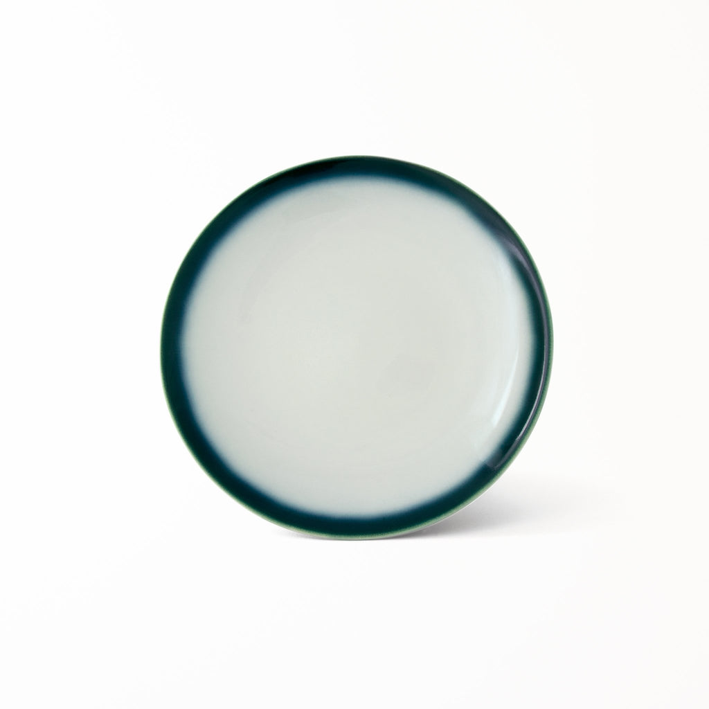Modern Japanese ceramic dinner plate Shima White glaze deep blue border diffusing to delicate green at rim