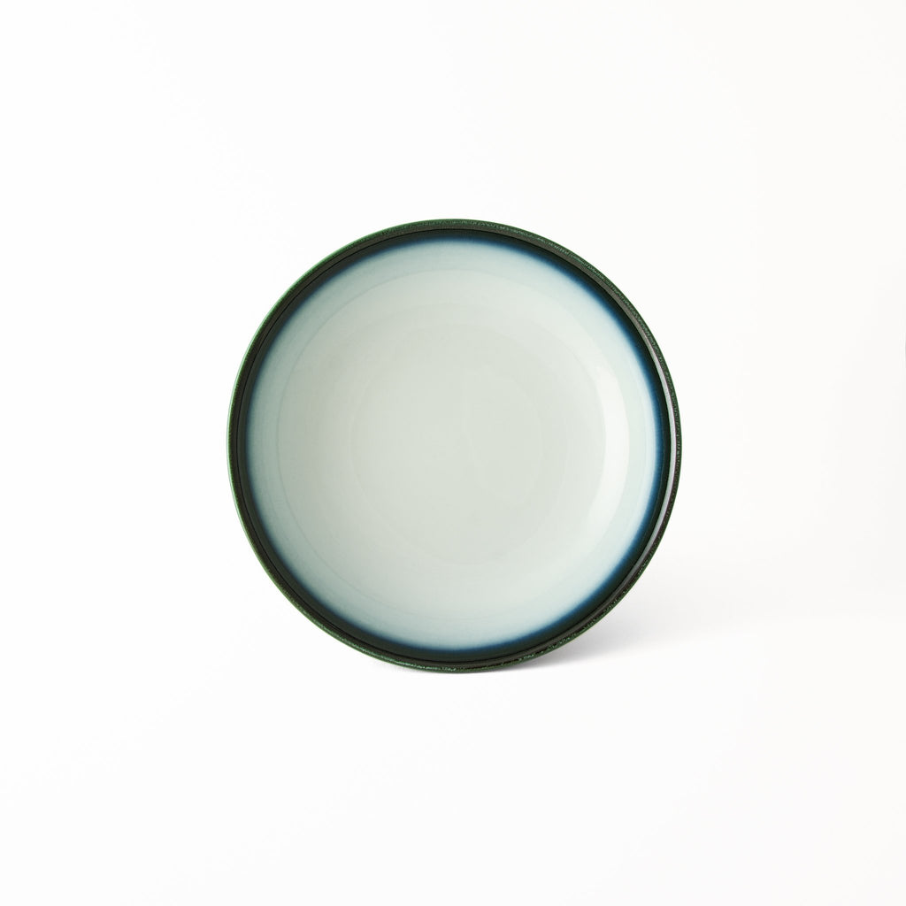 Genuine Japanese dinnerware Shima White pasta bowl glossy white interior with deep blue border