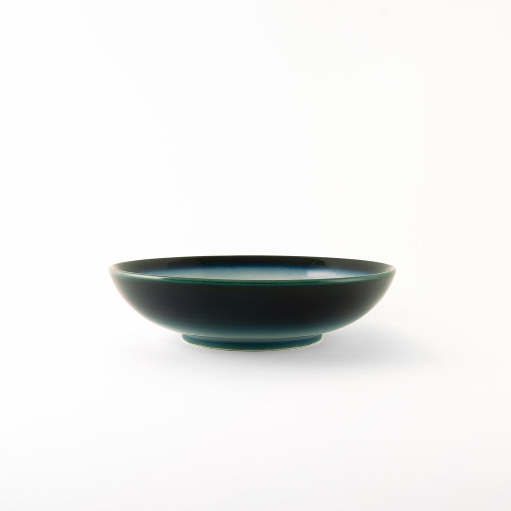 Genuine Japanese dinnerware Shima White pasta bowl glossy deep blue glaze diffusing to white at base