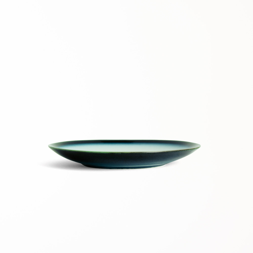 Japanese salad plate design Shima White glossy deep blue glaze diffusing to a lighter blue at base 