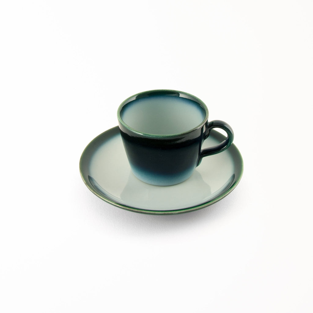 Japan-made coffee cup Shima White Seto Blue deep blue glaze contrasting white saucer matching deep blue border