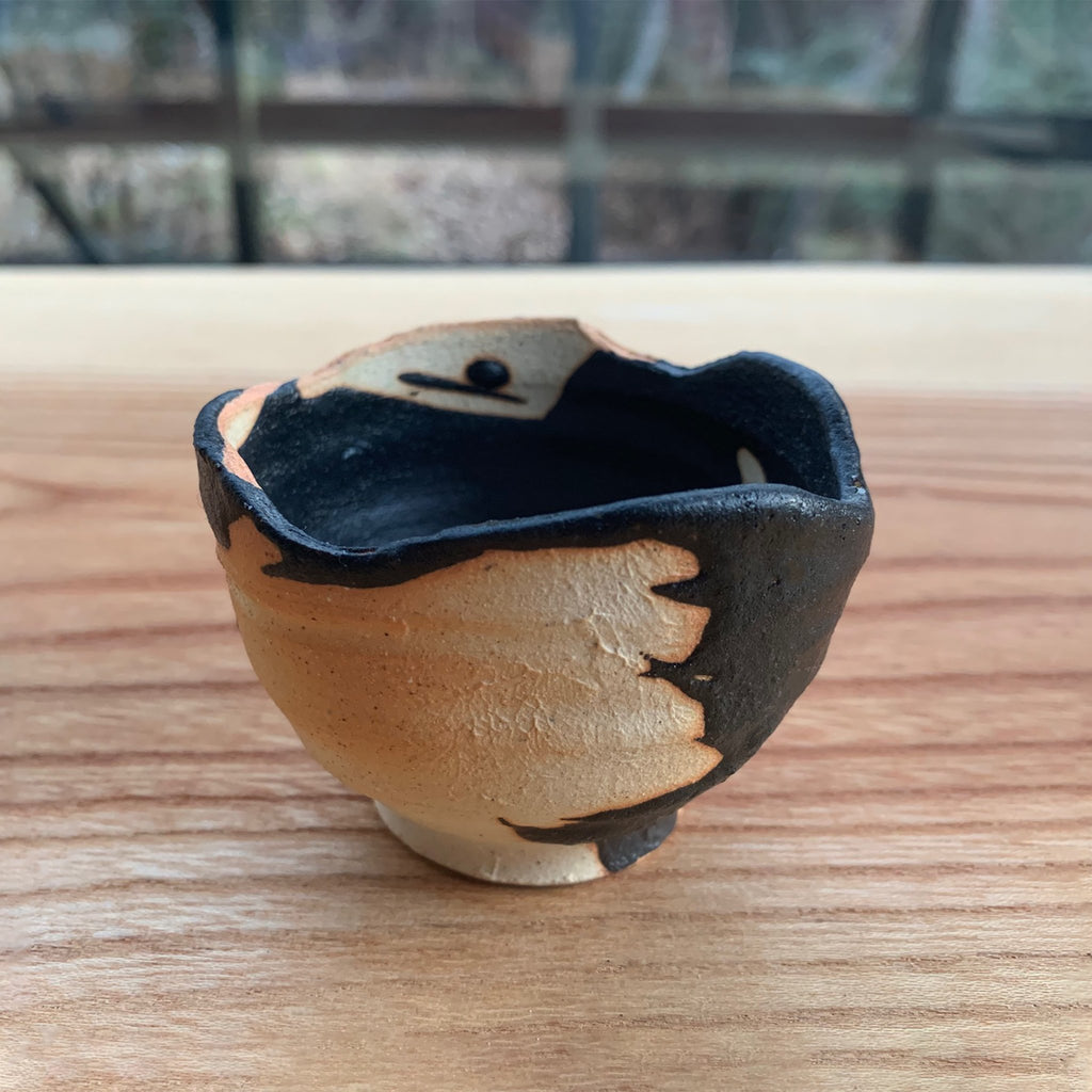 Anagama Japanese Hakeme 2 sake cup clay with partial black glaze uneven rim