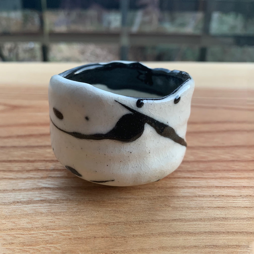 Anagama Hakeme 3 Japanese white crackled glaze sake cup black brush strokes