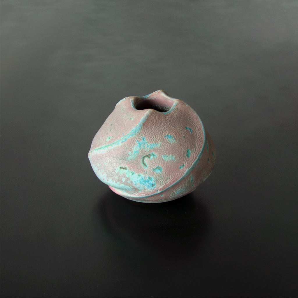 Modern Japanese vase Anagama Kinyo 2  blue-green accents subtle rustic pink textured background. one-of-a-kind rare piece. Beautiful flower vase.