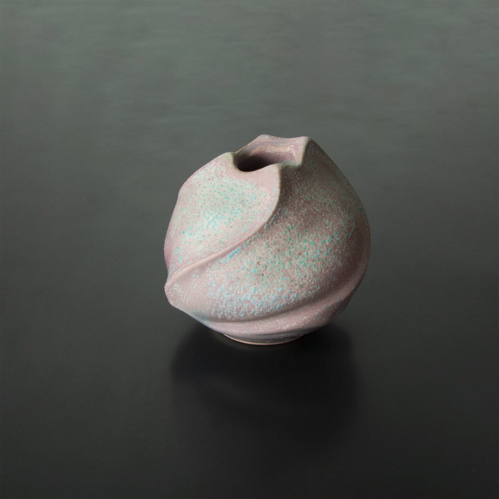 Ancient wood kiln-fired Japanese anagama kinyo vase 3 rustic pink green-blue specks. one-of-a-kind bud vase.
