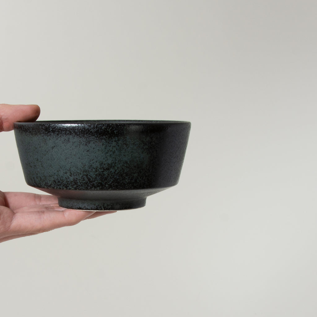 Koku angular rice bowl with matte grey and semi-gloss black mottled glaze