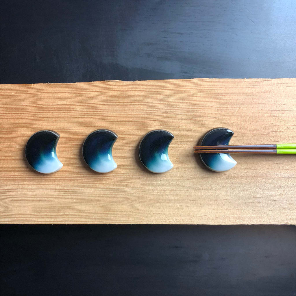 Blue gradient to white set of 4 crescent moon shaped chopstick holders