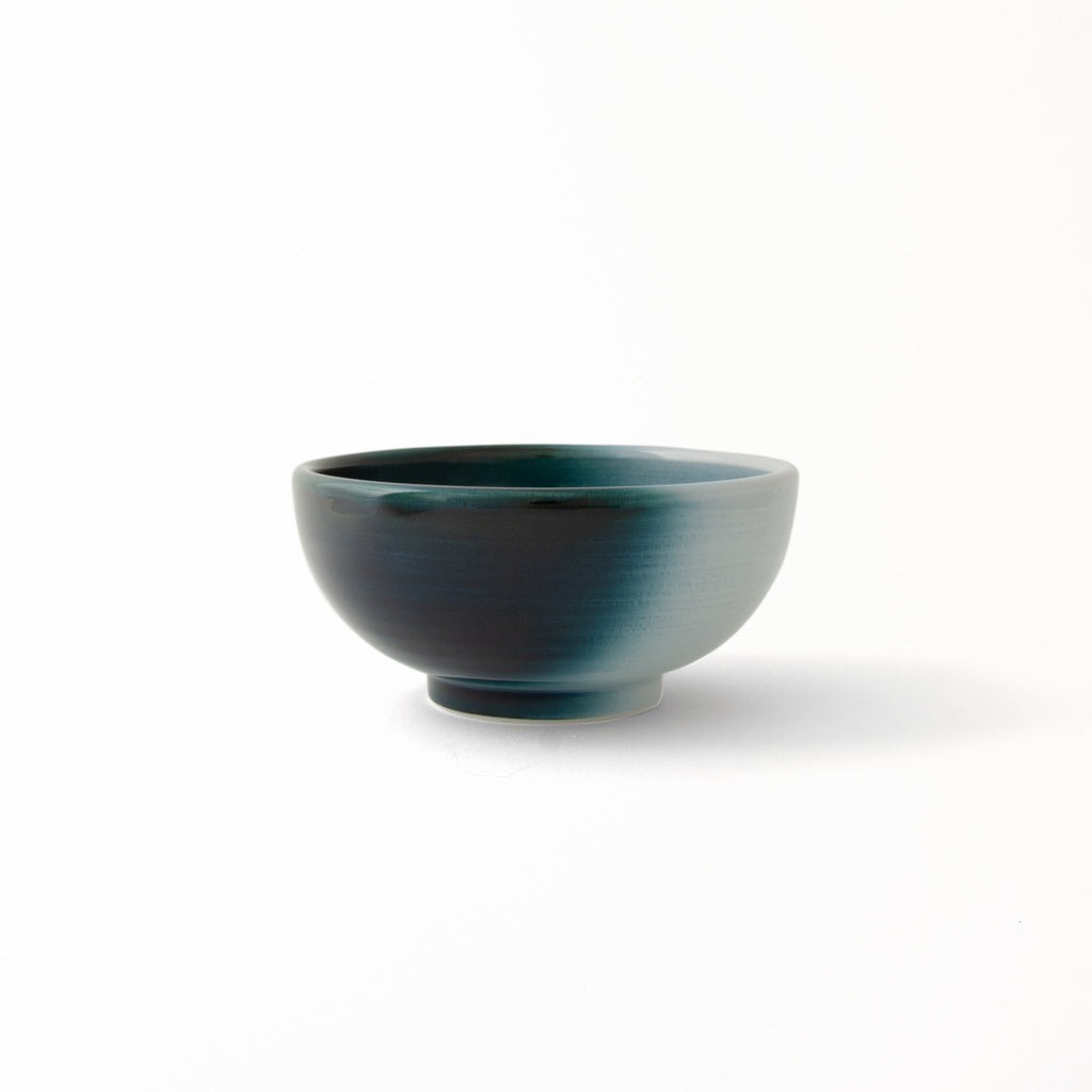 Modern Japanese ceramic Seto Blue Bowl deep blue glaze diffusing to glossy white