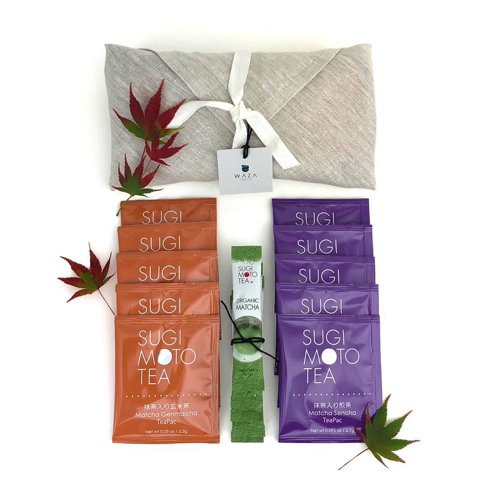 two sets of Japanse tea bags and 5 sticks of Matcha with linen wrapping